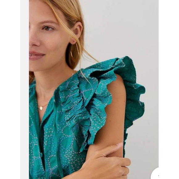 Maeve Anthropologie Emerald Green Embroidered Ruffle Sleeve Peplum Top L - Picture 4 of 7